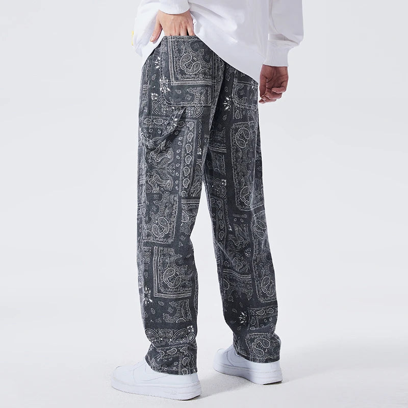 mens hip hop straight denim jeans pants fashion zipper paisley jeans streetwear casual loose trousers pants joggers baggy jeans sporty tapered joggers