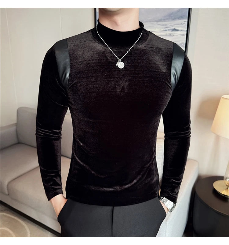 Turtleneck Stretch Slim-fit T-shirt Men Long Sleeve Thicken Elastic Velvet Retro Fashion Casual Tshirt Handsome Man T Shirts Street King Limited