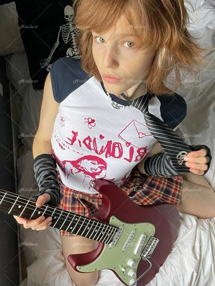 Kawaii Graphic Women Crop Tops Harajuku baby tee Y2K Goth Short Sleeve Streetwear Print Clothes T-shirt emo scene Vintage Grunge Street King Limited