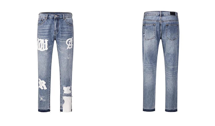 letters patckwork bottom ripped denim jeans men casual straight biker trousers fashion streetwear hip hop jean pants joggers unique joggers style 2729