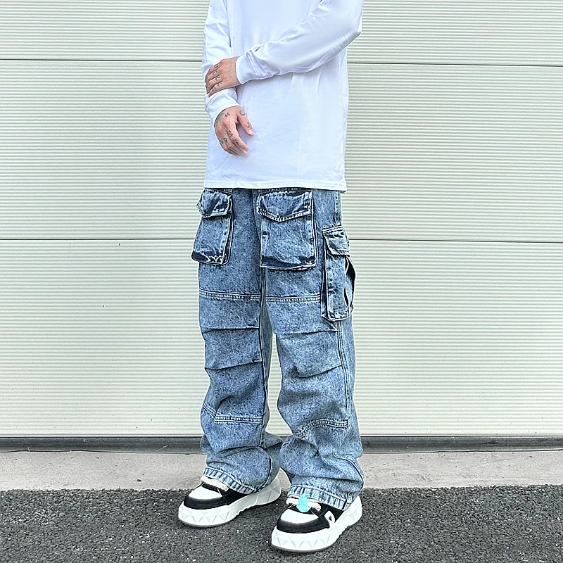 fashion loose streetwear cargo denim jeans unisex casual multi pocket wide legs jean pants hip hop joggers mens baggy jeans unique joggers style 1950