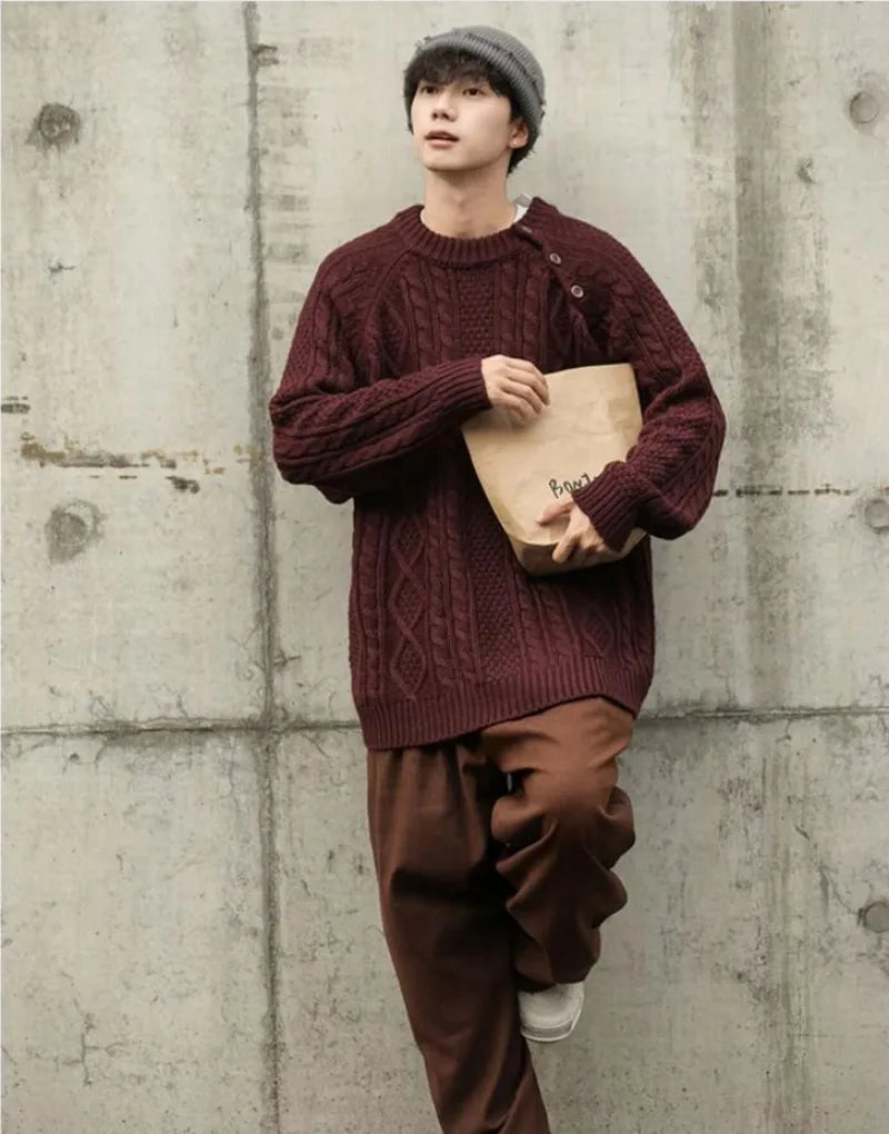 Thicken Japanese Retro Sweater Mens 2024 New College Couples Casual Warm Round Neck Pullover Red Simplicity Knitted Jacket Street King Limited