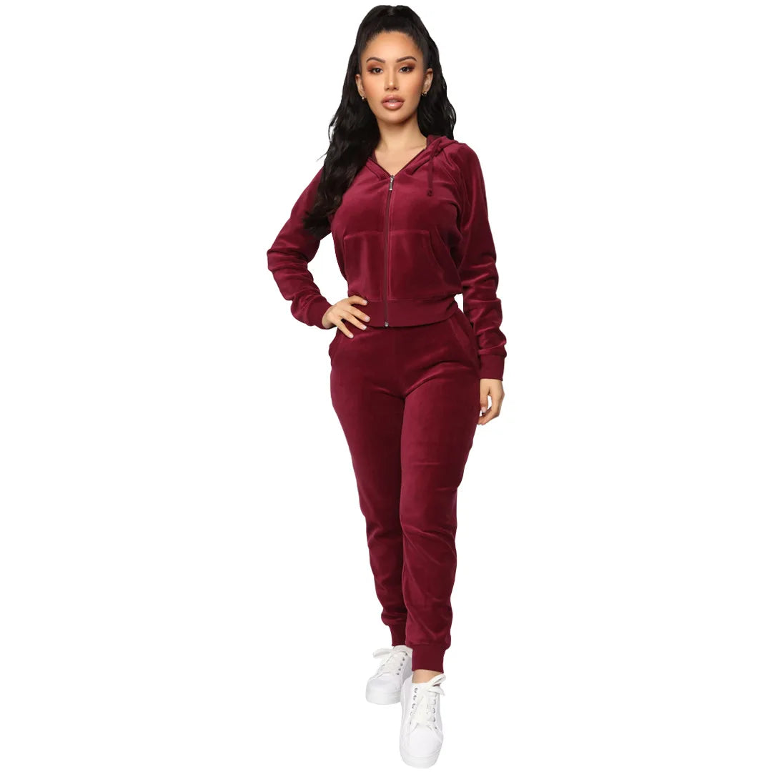 Women's Velvet Hooded Zipper Sweater Elastic Waist Trousers Two-piece Set Fashion Personality Trend Clothing Two-piece Slim Suit Street King Limited