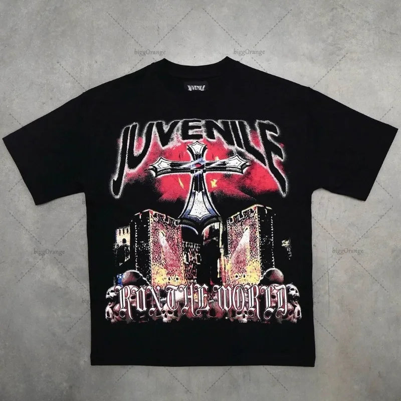 Trendy Brand Rock Punk Streetwear Y2K Harajuku Gothic Retro Pattern Printed Oversized T-shirt Men American Hip-hop Casual Tops Street King Limited