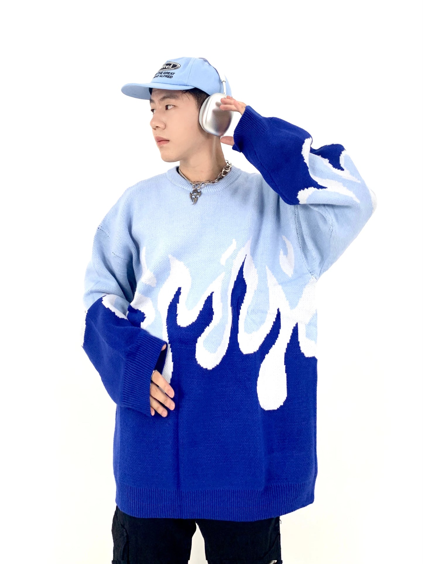 Hip Hop Fire Knitted Oversized Sweater Men Autumn Winter O-neck Long Sleeve Pullover Streetwear New Loose Tops Sweaters Clothing Street King Limited