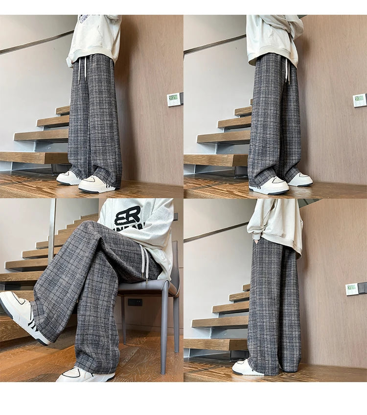 mens plaid pants baggy winter trendy fleece loose straight wide leg mopping trousers unisex thick velvet warm long pants unique default style 1117