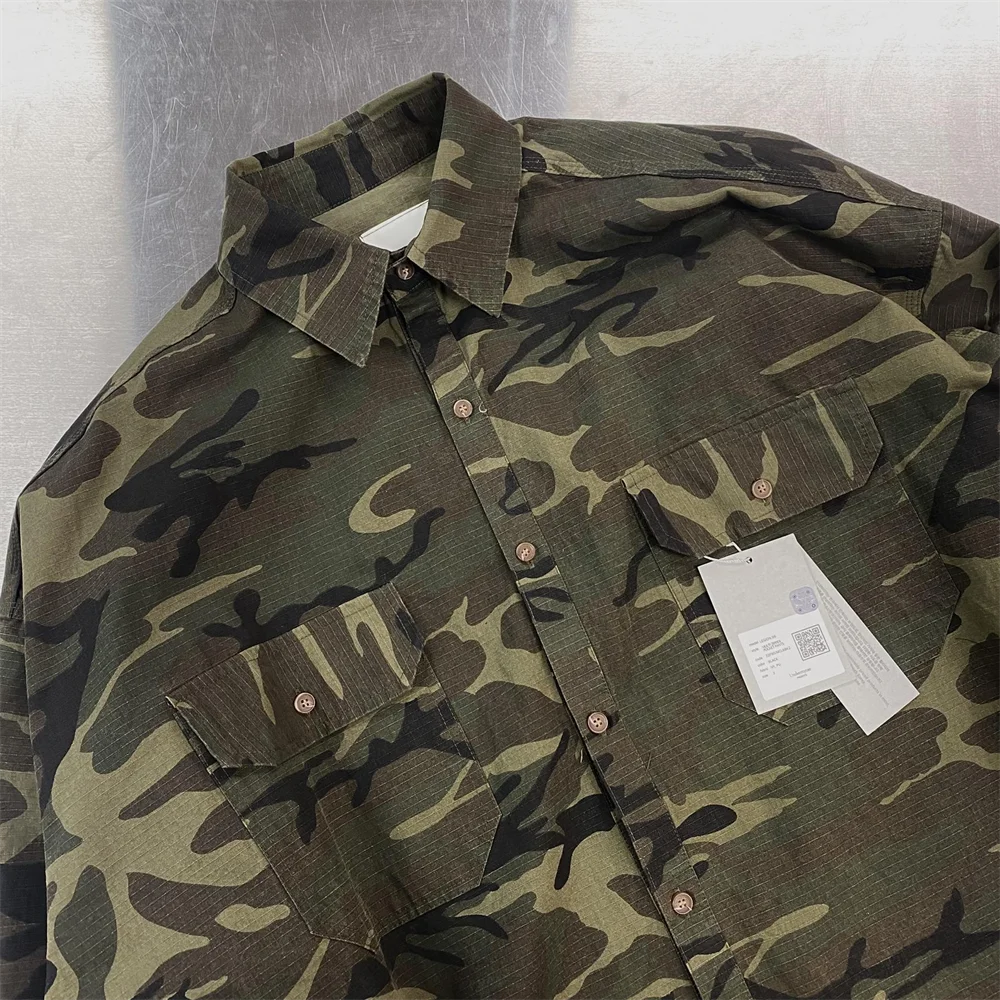 Undermycar High Street Trendy Brand High Quality Extra Large Washed and Worn Dark Checker Patch Camo Shirt Street King Limited