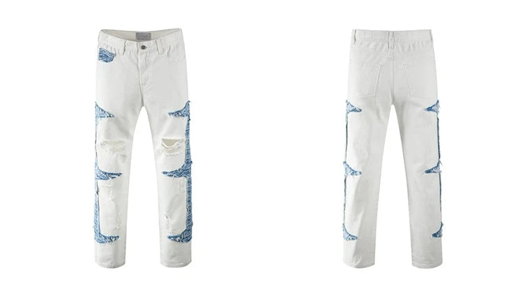 mens high street denim jean pants casual loose destroyed ripped holes straight jeans side patchwork hip hop streetwear joggers unique joggers style 1741