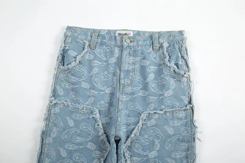 vintage high street washed light blue flared jeans cashew flower jacquard pattern rough edge jeans pants for men and women unique jeans style 925
