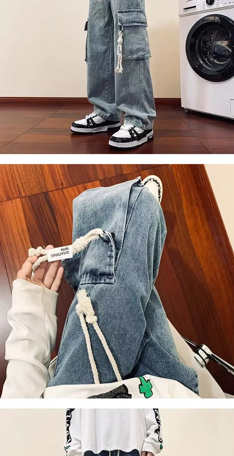 american retro and personalized straight leg jeans for men and women with hiphop big pocket design work pants loose casual pants unique jeans style 757