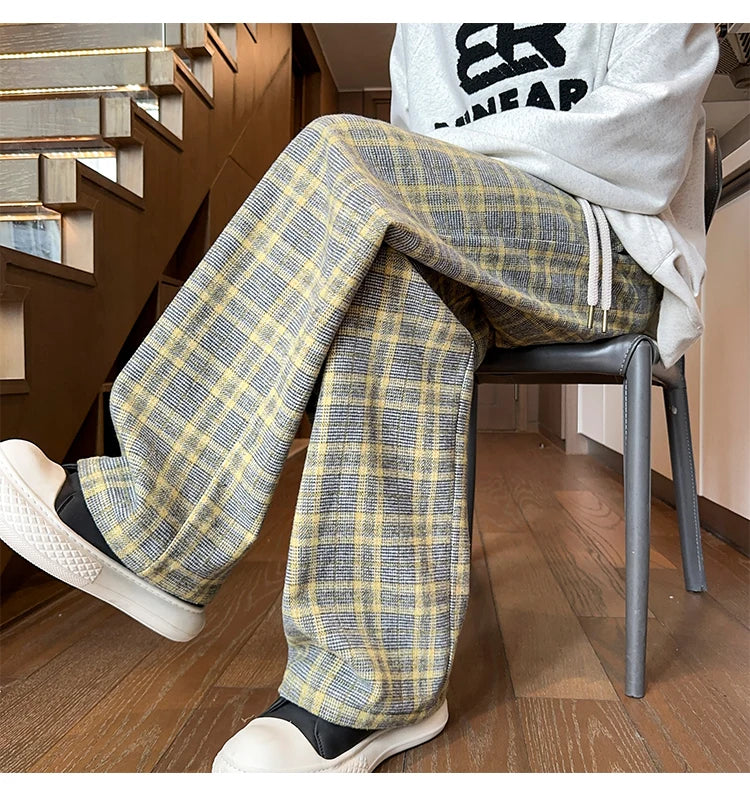 mens plaid pants baggy winter trendy fleece loose straight wide leg mopping trousers unisex thick velvet warm long pants unique default style 1110