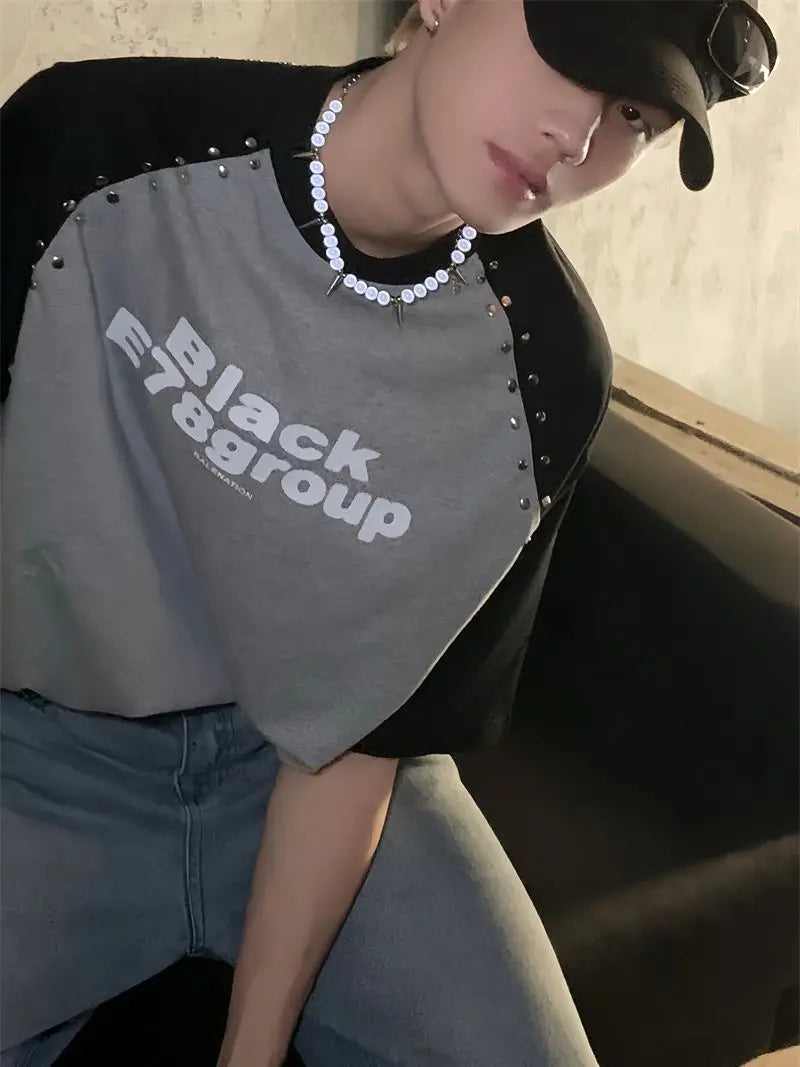 Trendy brand Korean splicing plug-in short-sleeved T-shirt men's summer design niche silver diamond design letter print y2k top Street King Limited