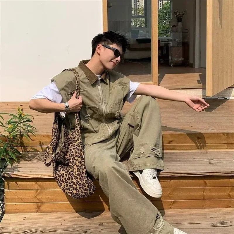 autumn mens zipper sleeveless denim jackets outwear streetwear khaki cargo vest coats 2024 new hip hop fashion working clothes multi-pocket cargos