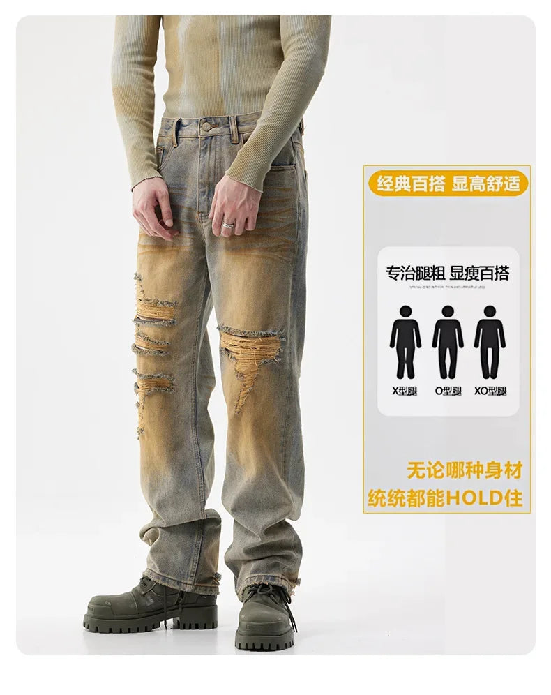 men patch hole distressed plus size denim pant ripped jeans streetwear fashion hip hop vibe loose casual baggy jeans trousers 40 unique jeans style 3077