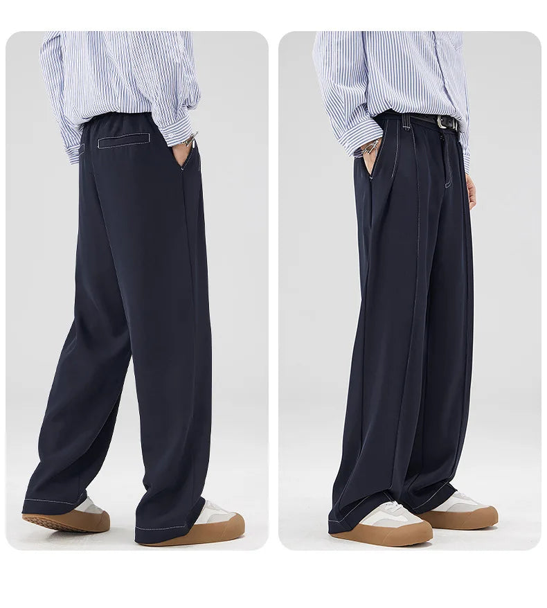 men bright line elastic waist streetwear fashion loose casual plus size straight suit pants work man business trousers unique default style 1807