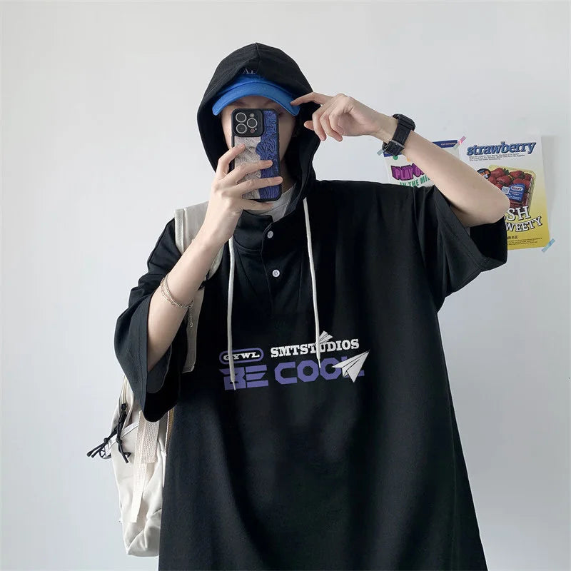 New Men's Casual Hooded Y2K T-Shirt Summer Short Sleeve Letter Printed T Shirts Hombre Oversized Hip Hop Fashion Gym Tee Tops Street King Limited