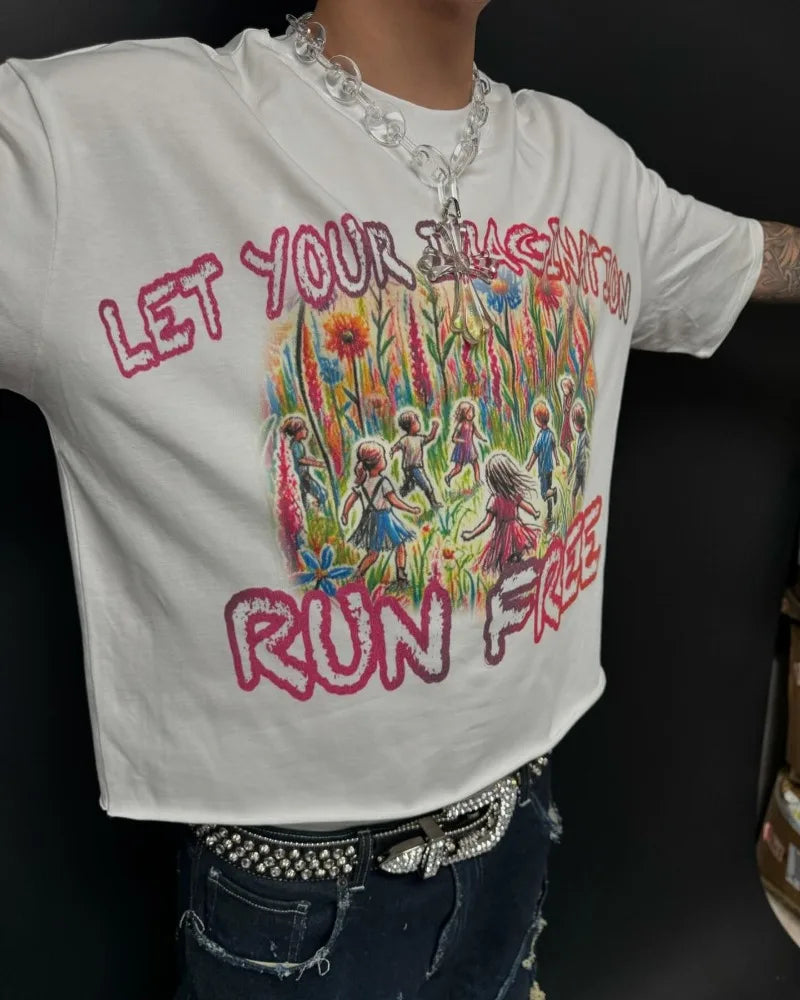 2024 Summer Colorful Cartoon Pattern Printed T-Shirt Men's Y2K Harajuku Casual Versatile Street Hip-Hop Round Neck Short Sleeve Street King Limited