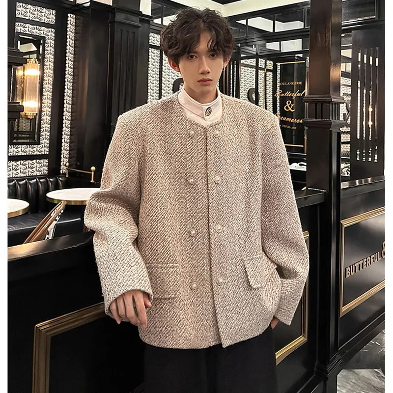 men double breasted french retro loose casual woolen short jacket man korean streetwear show fashion coat autumn outerwear drawstring street shorts