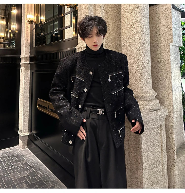 multi zipper sequin woolen jacket men french retro fashionable casual christmas jacket spring autumn coat stage show clothing unique default style 1452