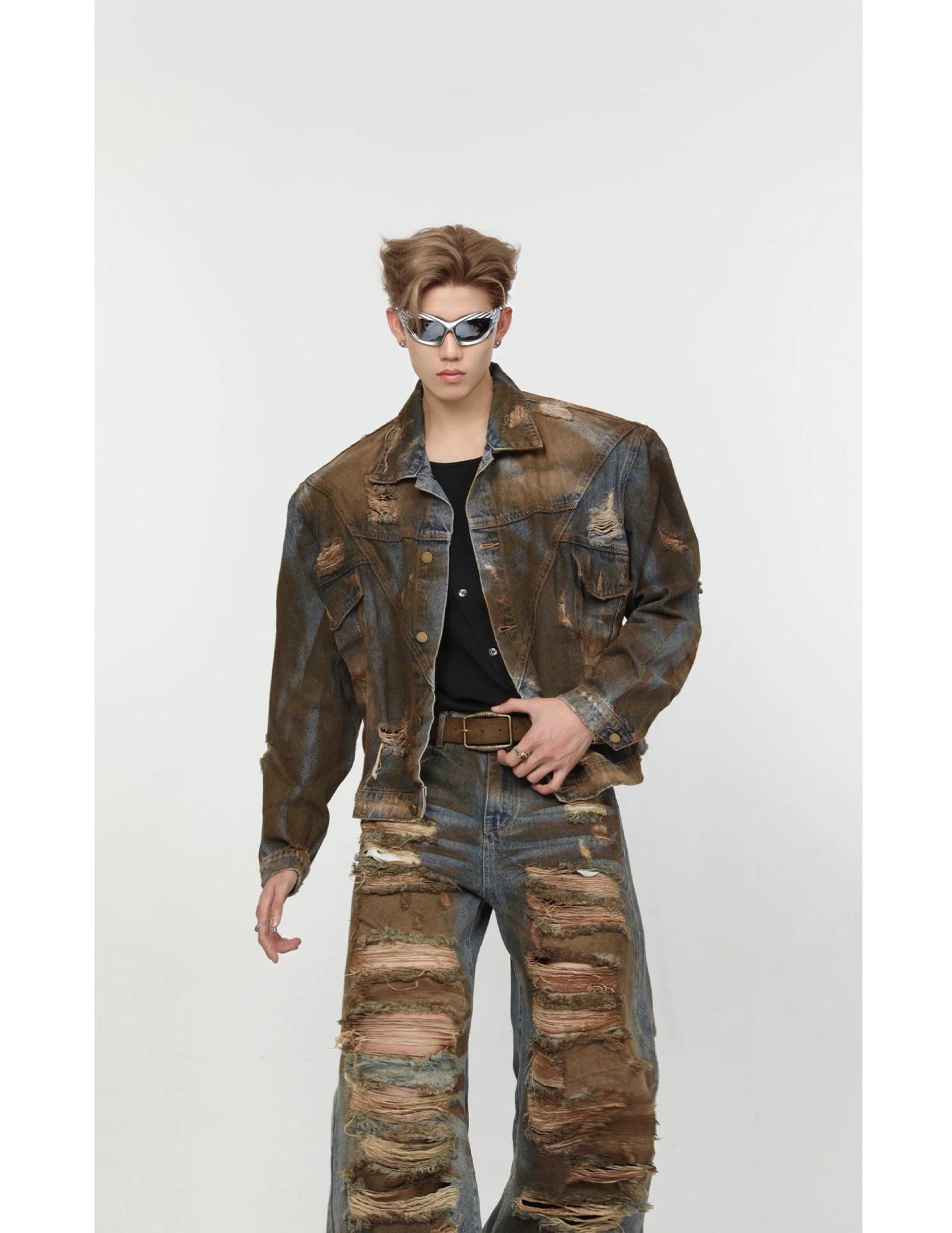 2 pieces sets mens dirty graffiti wide shouder denim jeans jacket coat and ripped holes wide legs pants joggers streetwear sets unique joggers style 3544