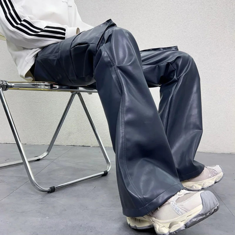 pu leather pants mens streetwear fashion hip hop vibe casual faux leather cargo flared pant men motorcycle trousers unique cargo style 2933