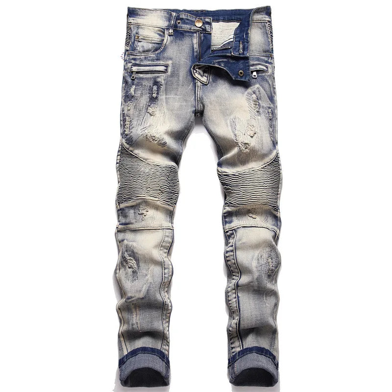 distressed washed pleated denim jean pants new fashion biker jeans streetwear casual slim pants jogger y2k mens skinny joggers unique joggers style 3133