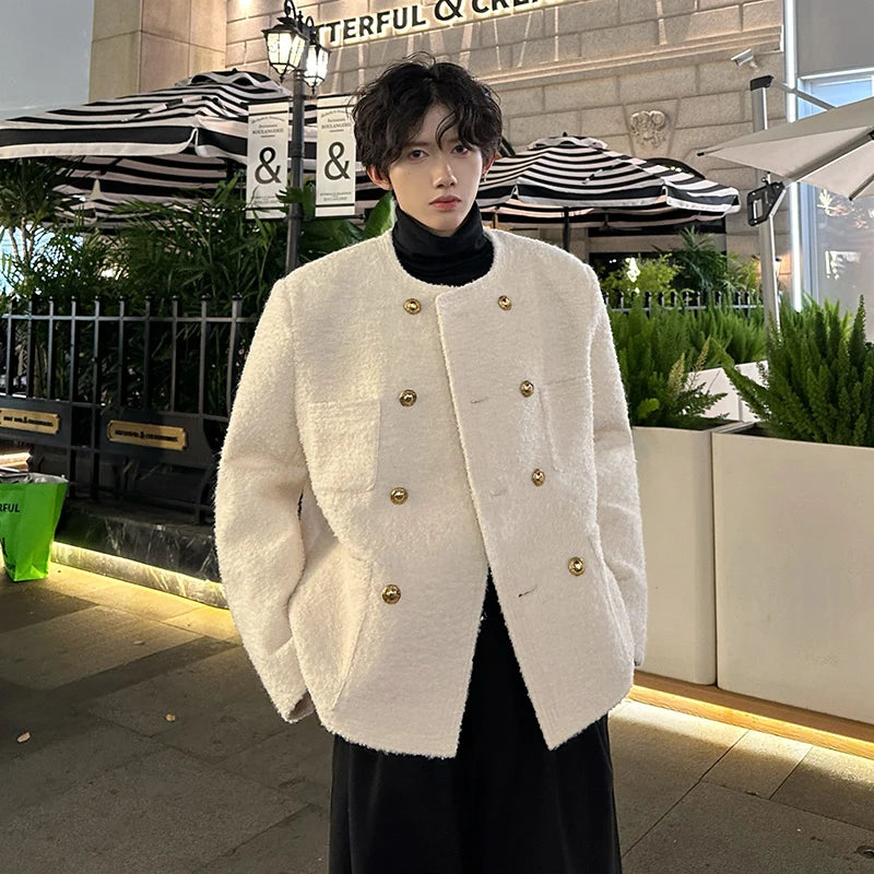 men french fashion retro double breasted woolen loose casual short jacket man autumn winter korean streetwear thicken coat top unique shorts style 1437