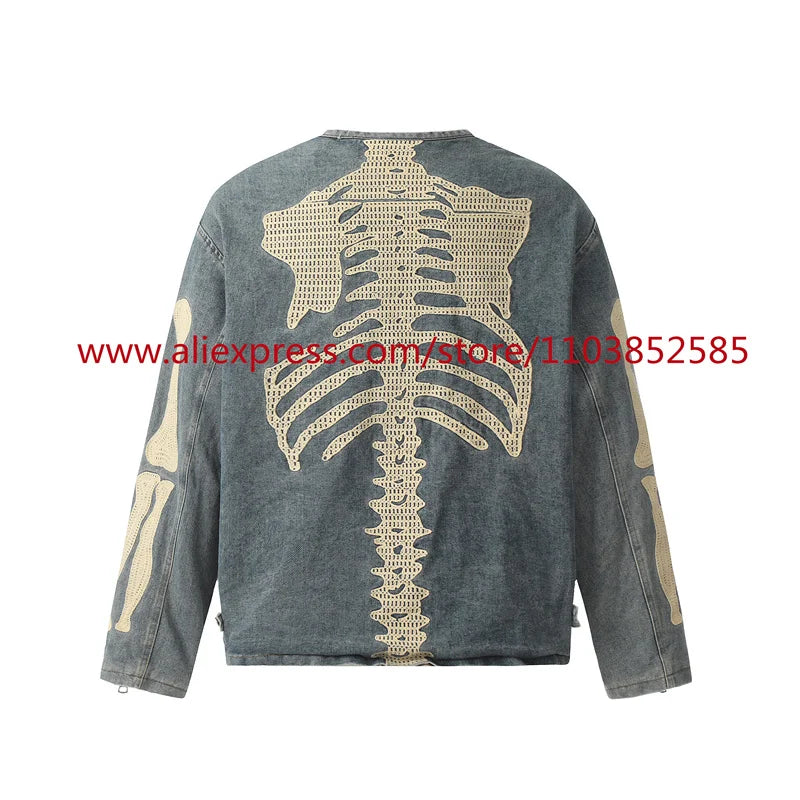 vintage mens long sleeved denim jacket high street oversized washed bone embedding tops clothing autumn winter 2024 heavyweight unique jeans style 1325