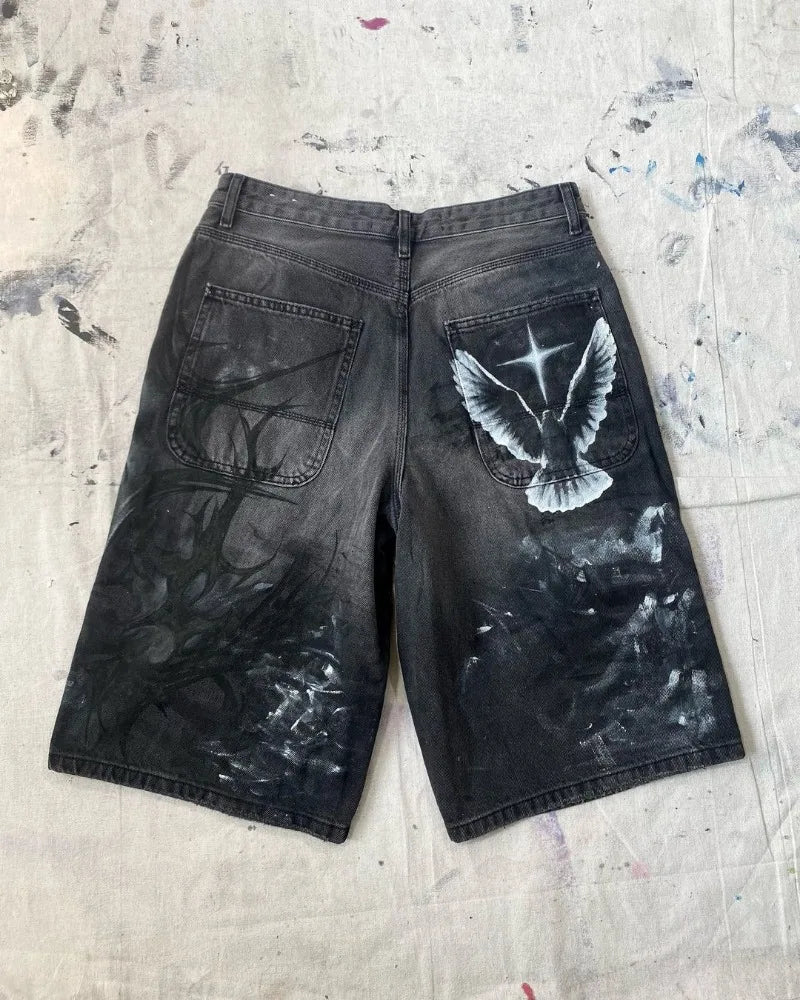 y2k american street retro graffiti anime print oversized denim shorts men shorts high waist fashion loose casual wide leg pants unique jeans style 3371