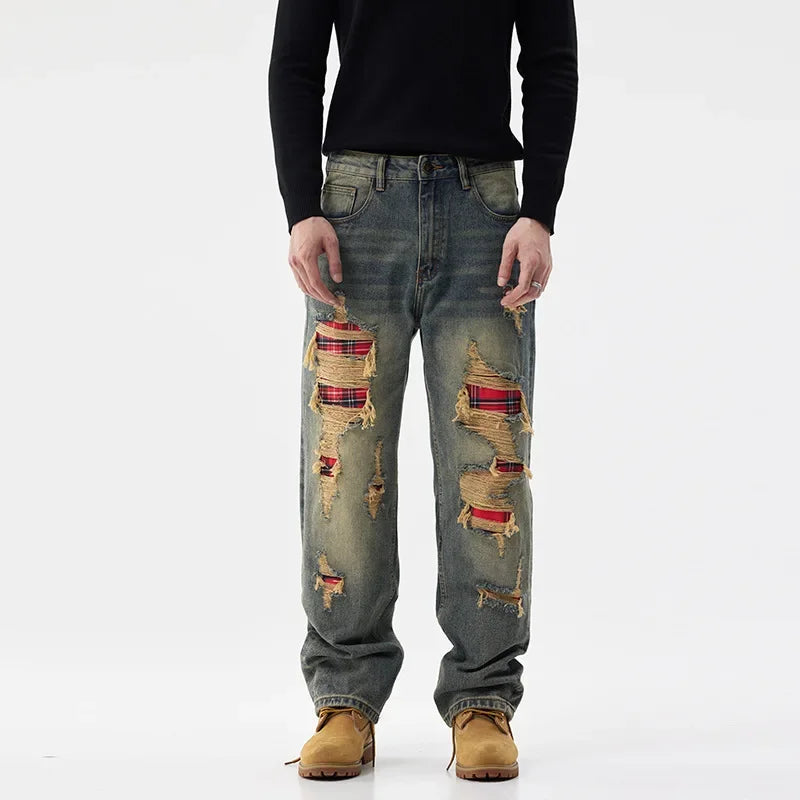 men broken hole patch loose casual plus size straight ripped denim pants jeans man streetwear fashion baggy jeans trousers unique jeans style 3035