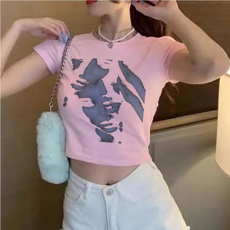 Gothic Emo Vintage Crop top Face Graphic Printed Sweat top Tee Y2K Aesthetic Harajuku Streetwear Women Slim Fit Crop t-shirt Street King Limited