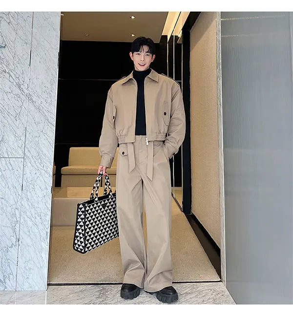 men 2 pieces sets quilted short cargo jacket pant autumn winter korean streetwear casual thicken bomber coat trousers suits unique cargo style 2644