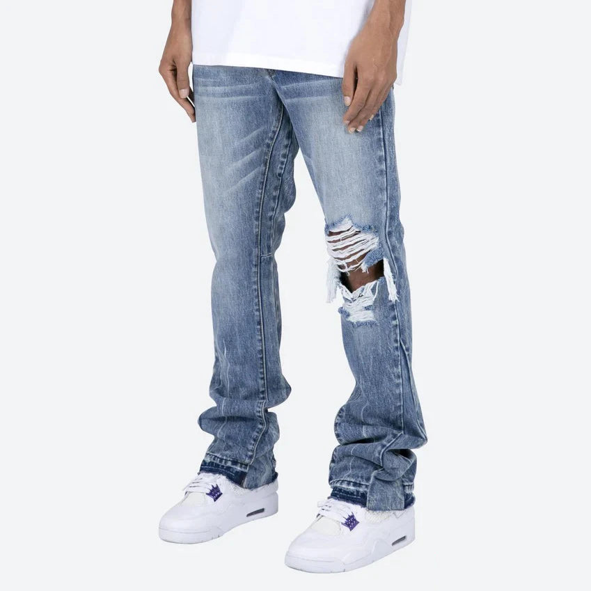 Contrast Color Hole Washed Blue Jeans for Men Streetwear Loose Ripped Flare Pants Frayed Retro Casual Oversized Denim Trousers Street King Limited