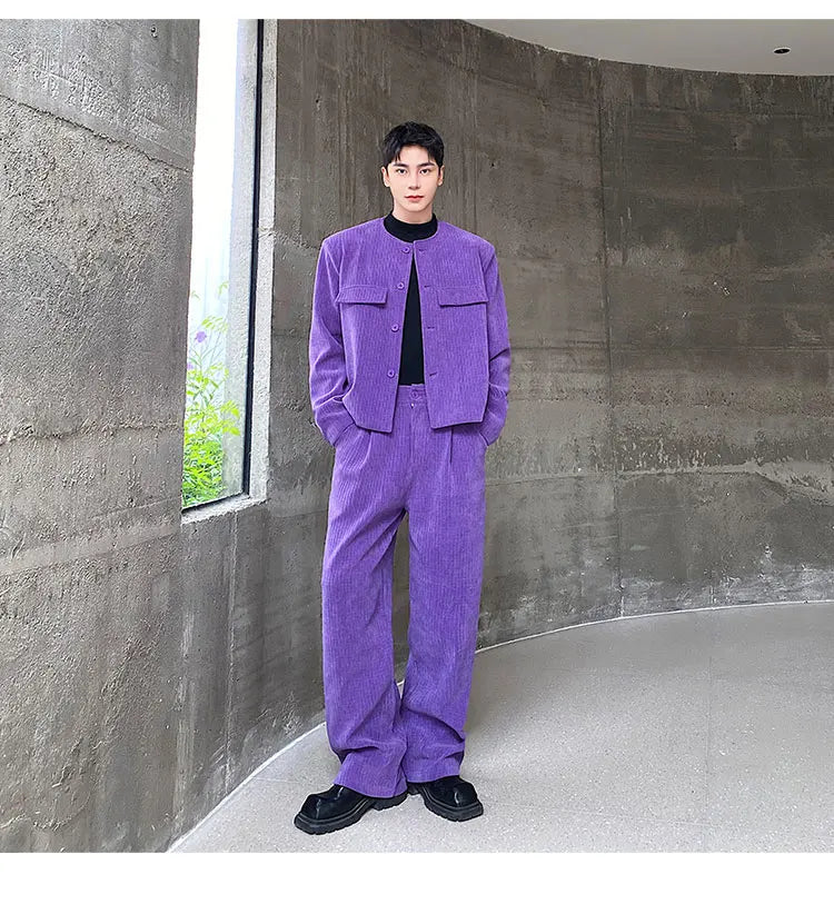 men 2 pieces sets corduroy short jacket wide leg pant suits korean streetwear fashion loose casual retro coat baggy trousers unique shorts style 2683