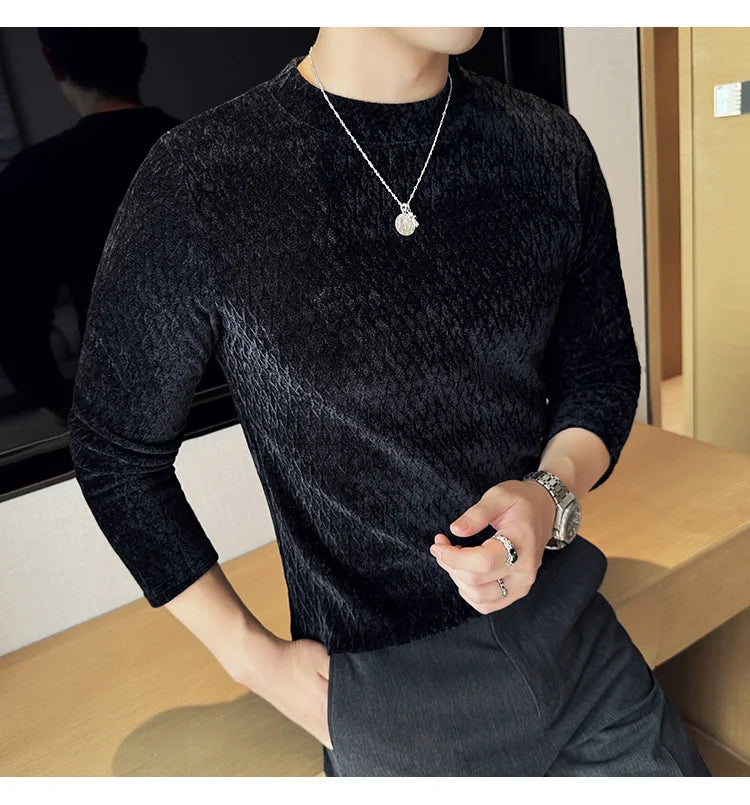 Autumn Winter Semi-turtleneck Stretch Slim Fit Long Sleeve Tshirt Men Thicken Velvet Jacquard Casual T-shirt Bottom T Shirt Street King Limited
