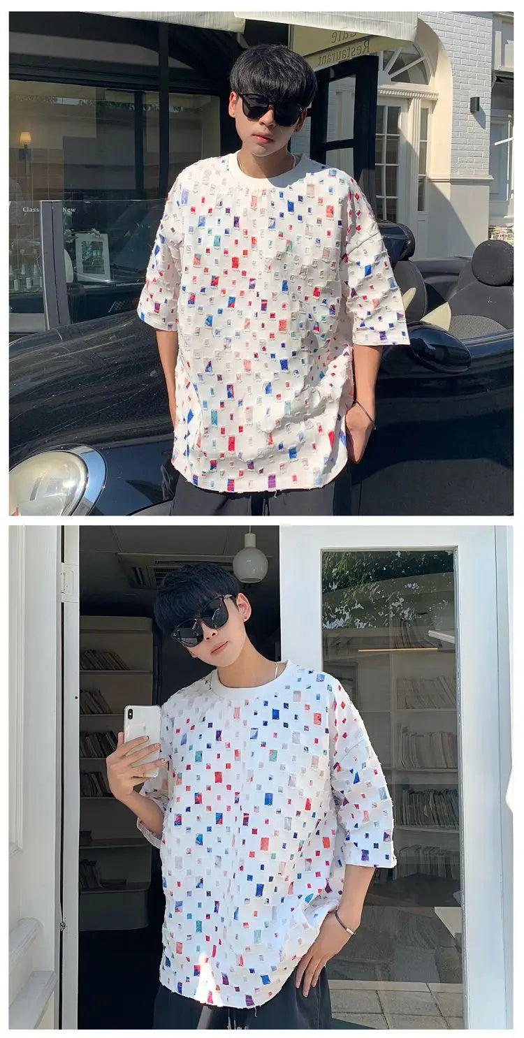 Summer Cotton Short Sleeved T-shirt Men Fashion Colorful Plaid Tshirt Men Streetwear Hip-hop Loose Hollow Out T Shirt Mens Tops Street King Limited