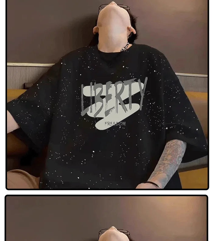 Summer cotton loose round neck starry sky short sleeved men and women American street trend personalized printed T-shirt top Street King Limited