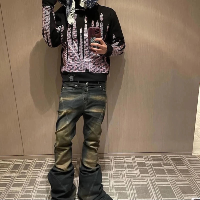 RO Ribbons Contrast Color Washed Micro Flared Jeans for Men Straight Casual Baggy Denim Trousers Ropa Hombre Loose Cargo Pants Street King Limited