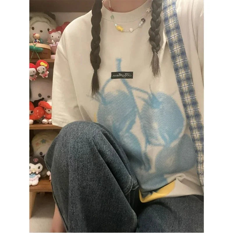 Summer Korean Street Printed Short-sleeved T Shirt Fashionable Women Retro Hip-hop Y2K Personality Harajuku Loose Design Top Ins Street King Limited