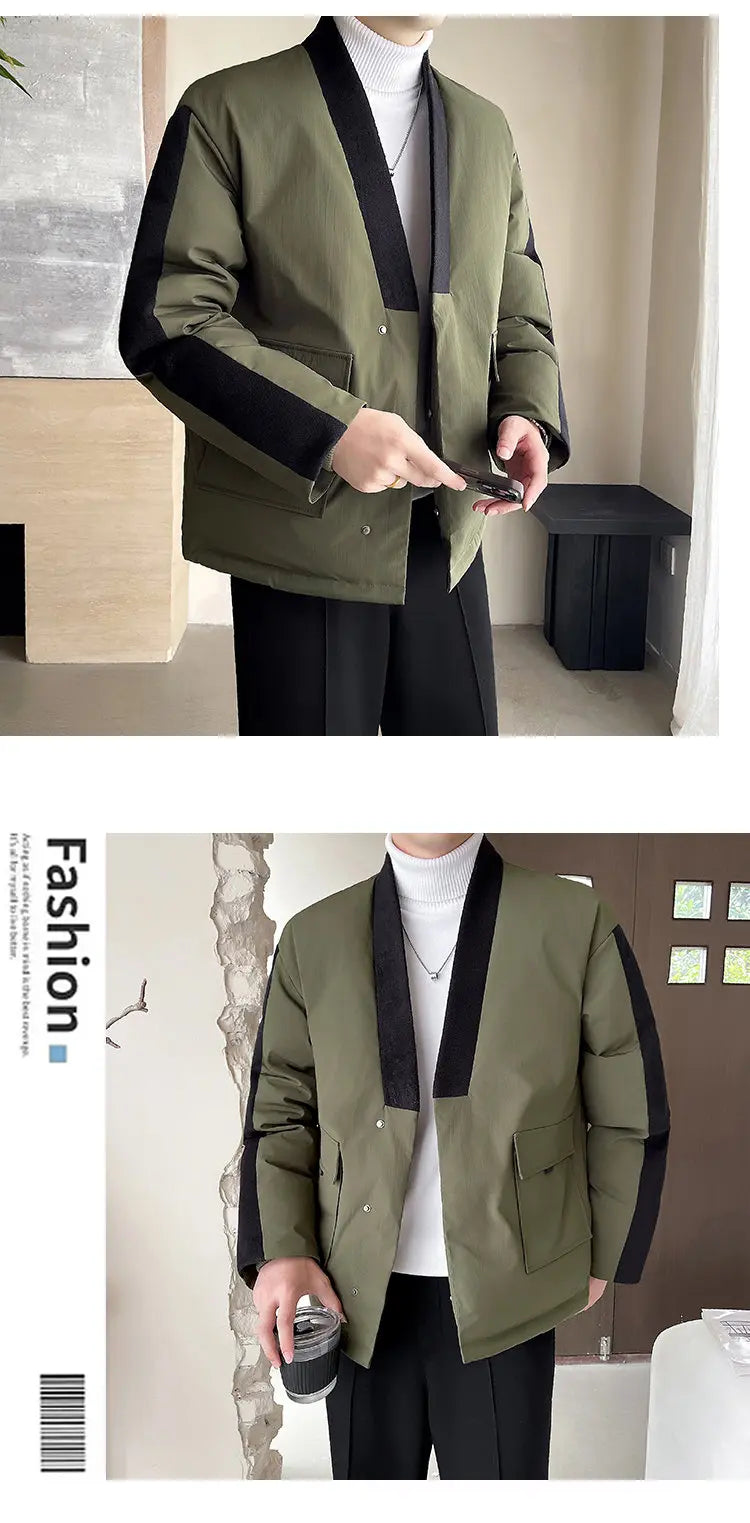 2024 Winter Collarless Cotton-padded Jacket Men Japanese Korean Fashion Loose Casual Thicken Warm Parkas Jacket Cityboy Coat Street King Limited