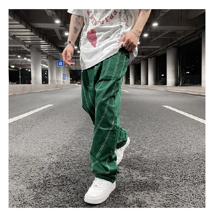 fashion design lines denim jeans mens zipper loose straight trousers hip hop new casual streetwear pants joggers baggy jeans unique joggers style 414