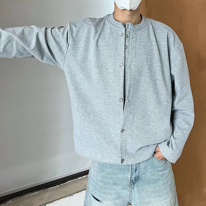Streetwear New Casual Fake Two Piece Sweatshirts For Men Solid Color Henley Neck 2024 New Casual Fake Two Piece Sweatshirts For Men Solid Color Henley Neck Button Jackets Korean Fashion Loose Y2K Sudaderas Fashion Sweater Jacket With Graphic Design For Men