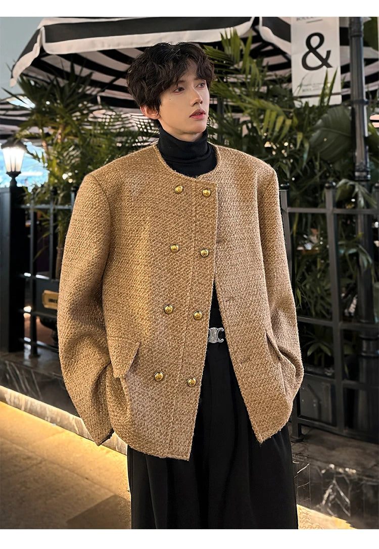 men double breasted french retro loose casual woolen short jacket man korean streetwear show fashion coat autumn outerwear unique shorts style 1304