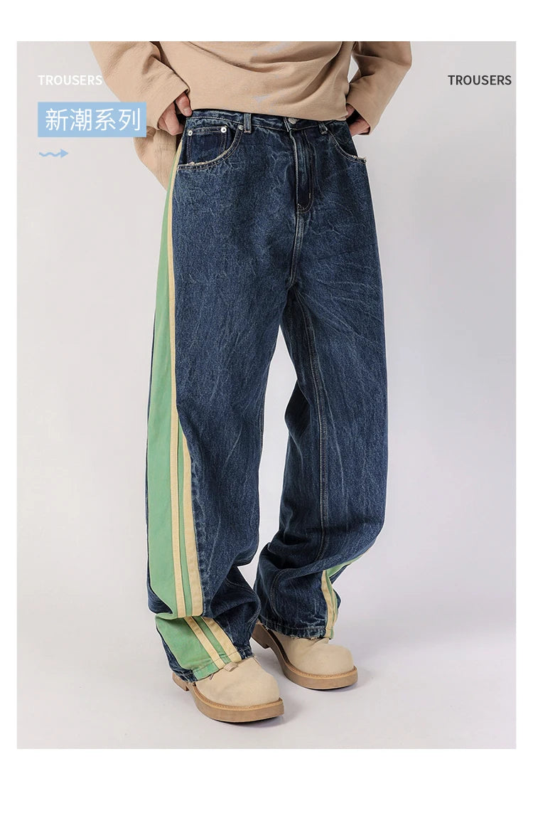 men streetwear fashion side splice hip hop loose casual wide leg straight baggy jeans pant cityboy jeans pants trousers unique jeans style 2489
