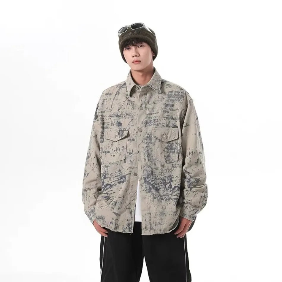 tie dye denim jacket mens new american high street multiple pockets washed cowboy coats fashion lapel loose tooling outwear unique jeans style 3326