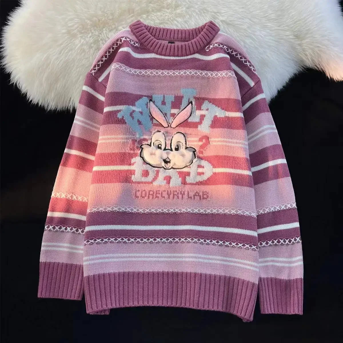 Sweet cool bunny striped knitted sweater for women in autumn and winter loose outer wear lazy style soft and waxy milk kawaii Street King Limited
