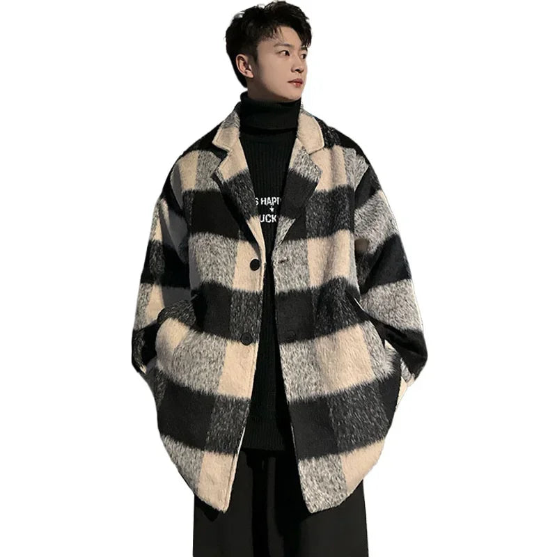 plaid woolen trenchcoat men autumn winter fashion retro streetwear suit collar loose casual trendy trench coat outerwear clean everyday pants