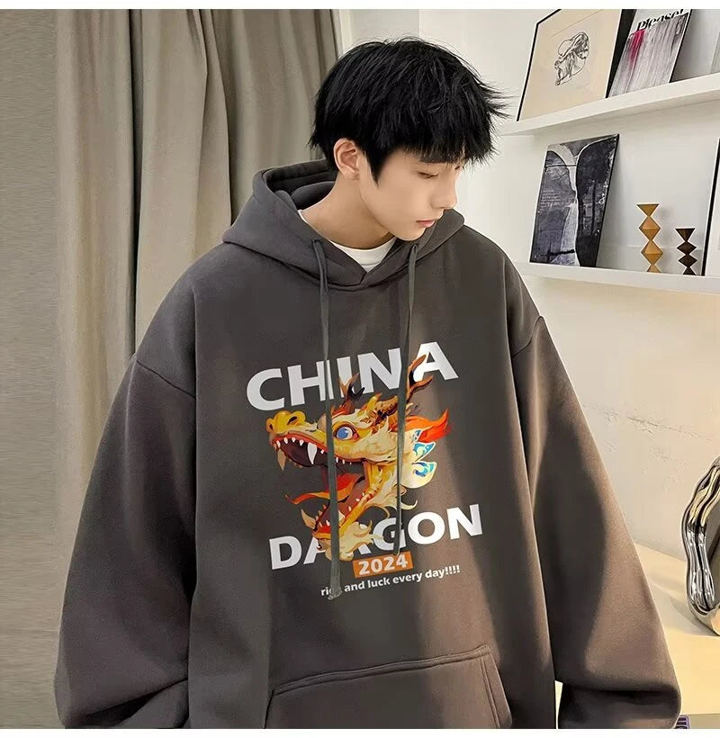 2024 New China Dragon Graphic Hoodies Men Hip Hop Streetwear Hoodie Sweatshirt Harajuku Fleece Printed Pullover Hoody Clothes Street King Limited