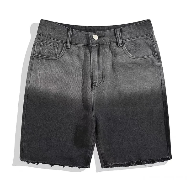 Summer Gradient Denim Shorts Men's Fashion Retro Denim Shorts Mens Streetwear Korean Loose Hip-hop Straight Denim Shorts Men Street King Limited