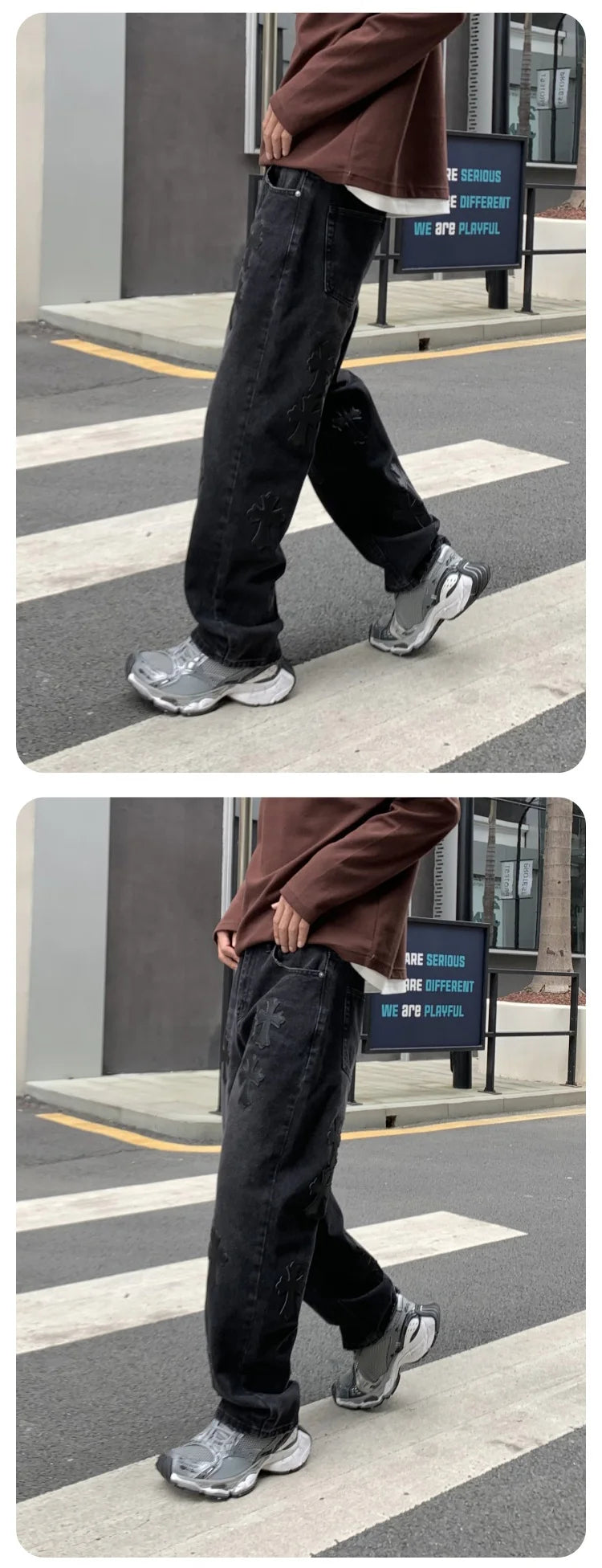 men embroidery streetwear brand fashion hip hop loose casual straight motorcycle denim jeans pant cityboy y2k jeans trousers unique jeans style 2370